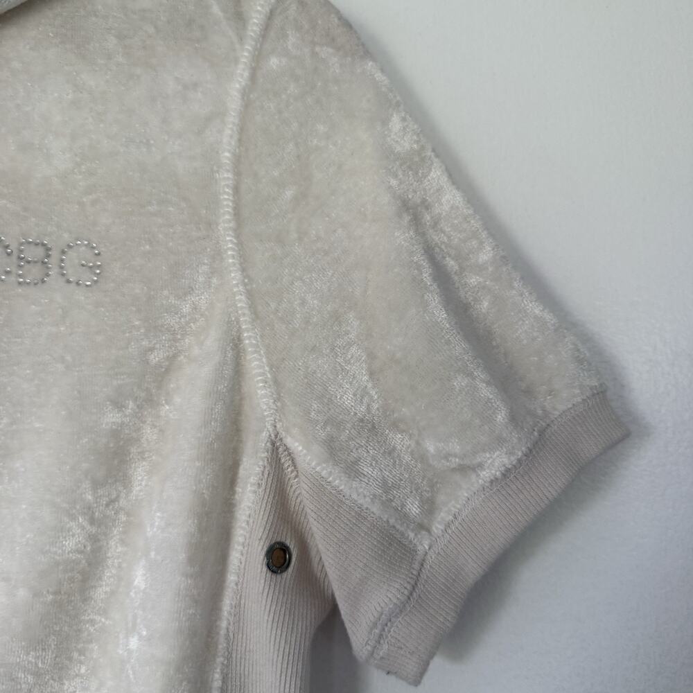 Y2K BCBG Velour Ivory Short Sleeve Rhinestone Bedazzled Hoodie L Trashy Bling - Picture 4 of 12